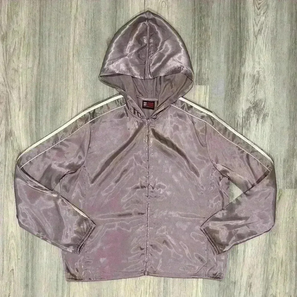 NY Jeans New York & Company Women’s Satin Hooded Zip Up Jacket Purple Size L - Picture 2 of 7